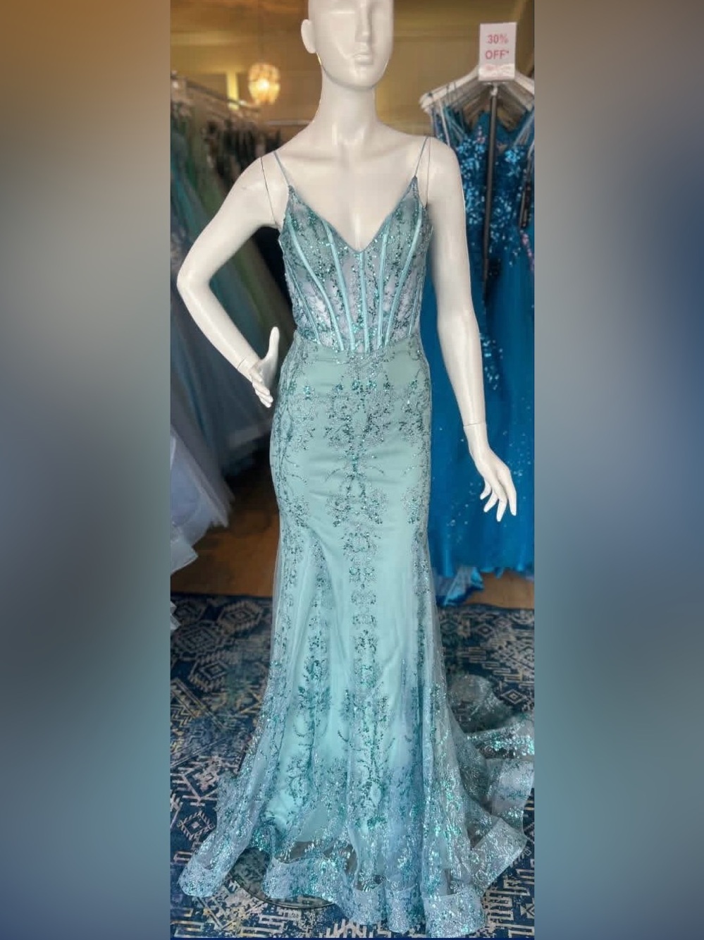 Aqua Beaded Prom Gown with Sheer Corset Bodice